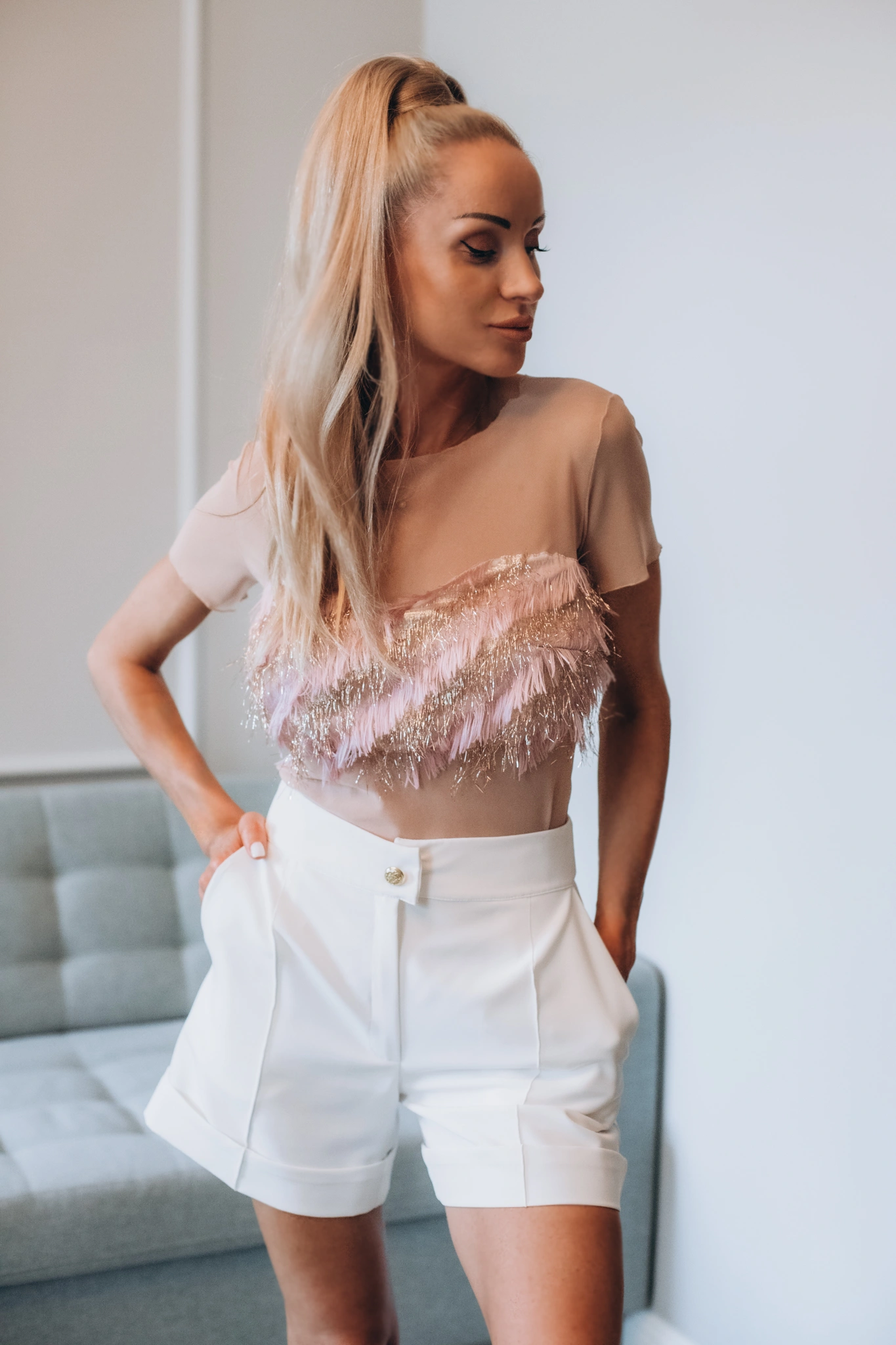 3D BRIGHT Tulle Top, beige_1