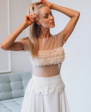 3D ROSES Tulle Top, beige