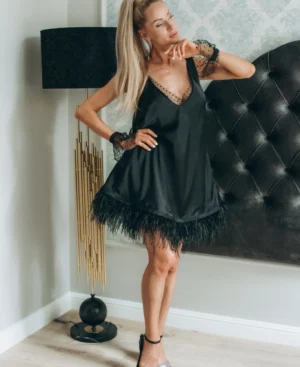 Ostrich Feather Fringed Satin Cocktail Dress